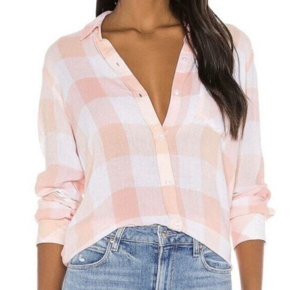 Rails Tops - Rails Charli Pip Peach Blus White Plaid Linen Blend Button Down Shirt Large